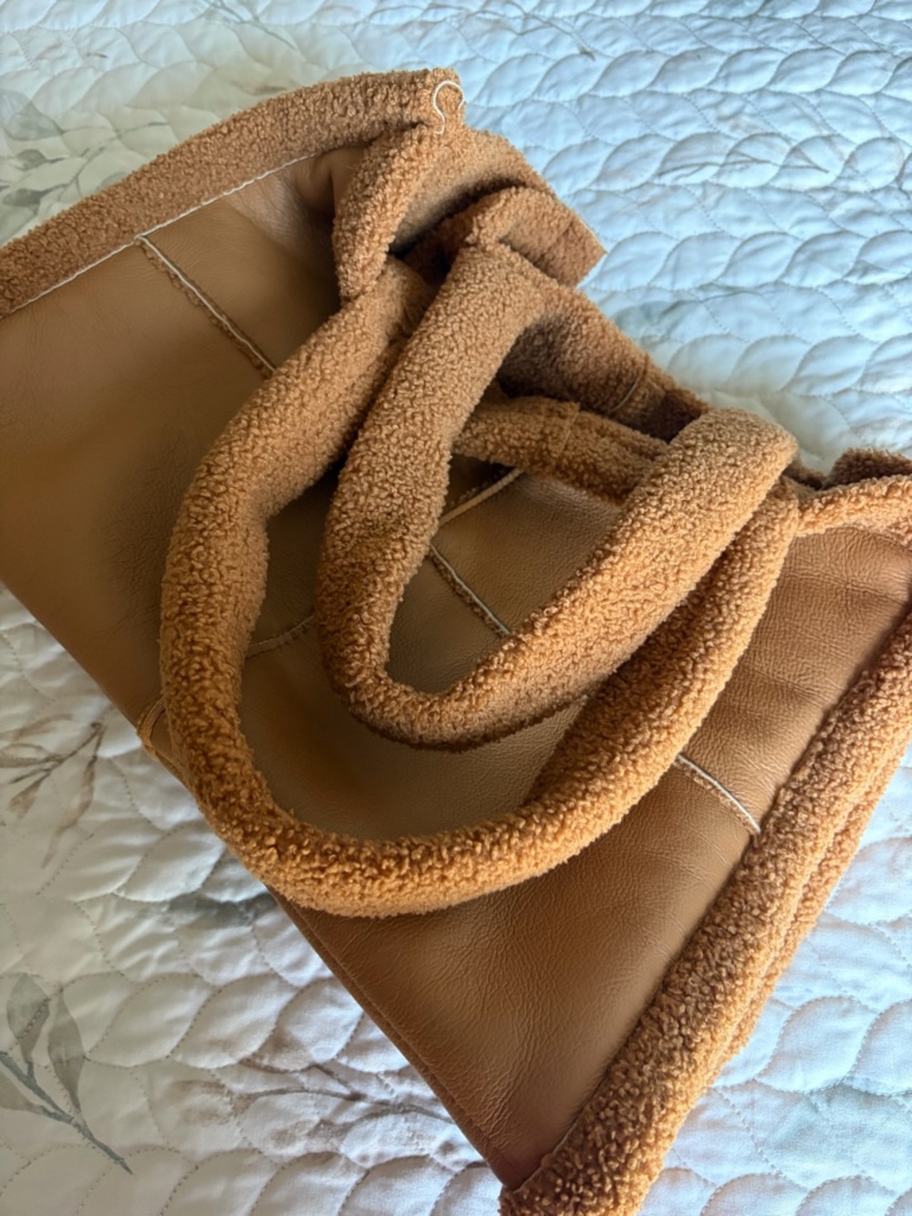 Unbranded Cognac Faux Leather Sherpa Tote Bag Shoulder Bag - Picture 4 of 6